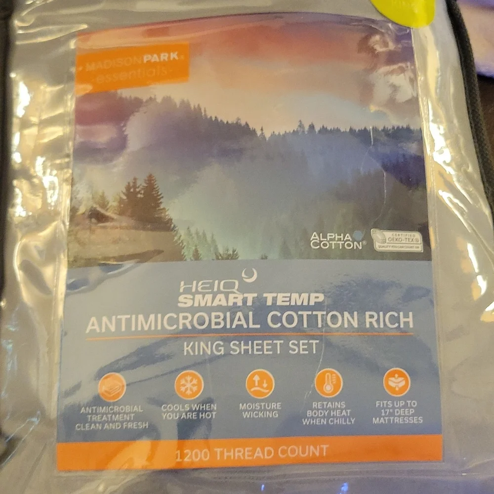 Madison Park Essentials 1200 thread ct King HEIQ Smart Temp sheet set Gray New…